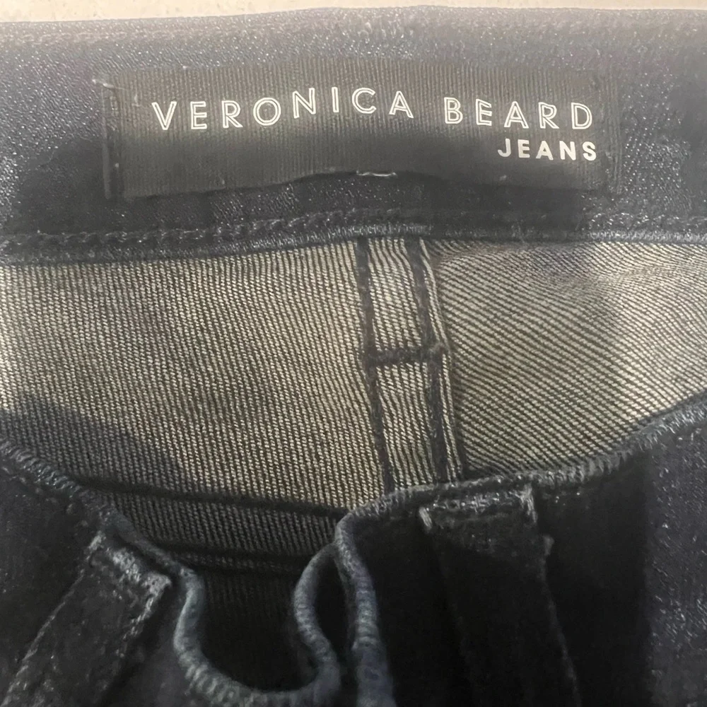 Veronica Beard Dark Blue Cropped Jeans with Red Side Stripes, hem is a raw edge - Picture 3 of 12